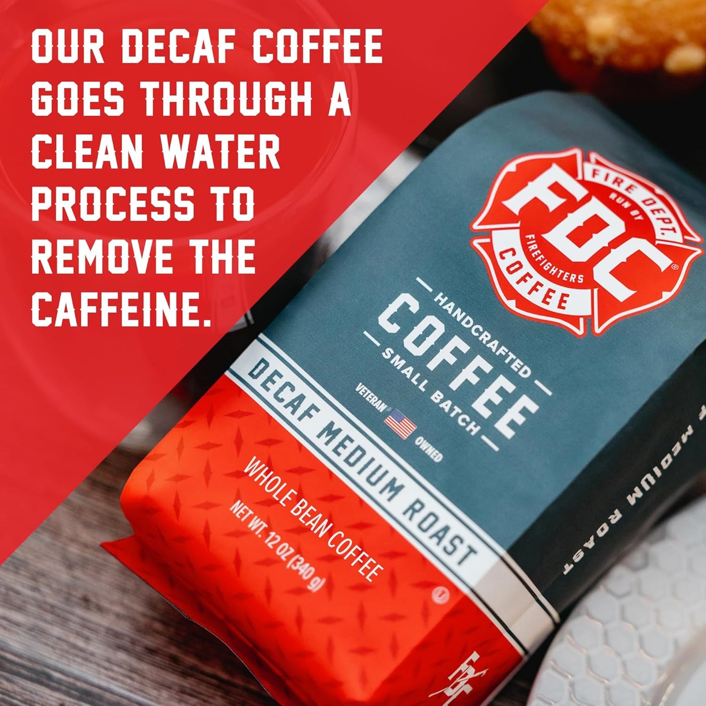 Fire Department Coffee - Gives Back to Firefighters - Premium Whole Bean Decaf Coffee - Roasted in the USA - Decaffeinated Using Natural Mountain Water - Veteran Owned -12 oz