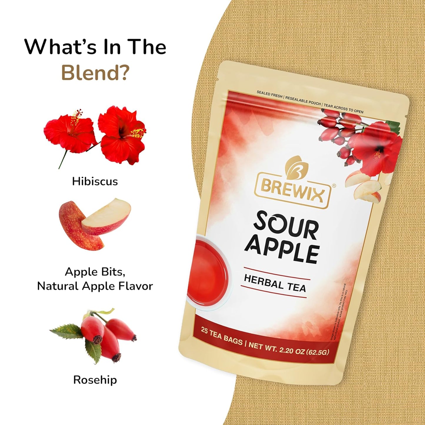 BREWIX, Sour Apple Hibiscus Tea Bags (25 Pyramid Tea Bags) Caffeine-Free Herbal Tea | Apple, Hibiscus, Rosehip | Refreshing Wellness Brew for Any Mood | Hot or Iced Refreshment