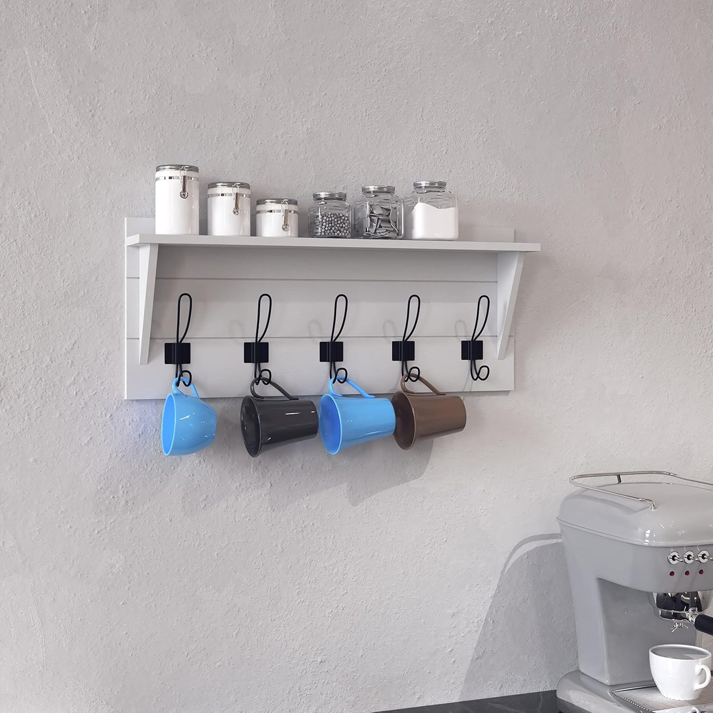 HBCY Creations 24" Wall Mounted Storage Rack - Pine Wood Construction - Solid White Finish - Upper Storage Shelf - 5 Hooks - Ideal for Entryway, Kitchen, Bathroom