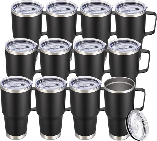 30 oz Tumbler with Handle and Lid, Stainless Steel Tumblers Bulk Double Wall Vacuum Insulated Travel Mug Leak Proof Cup Keep Drinks Cold and Hot Black, 12 Pack