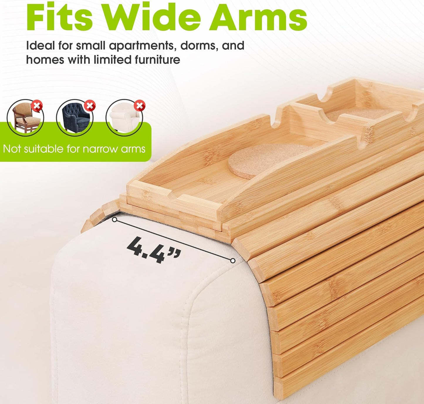 Foldable Couch Cup Holder with 2 Cork Coasters – Detachable Bamboo Sofa Tray, Anti-Slip Sofa Armrest Caddy for Drinks, Snacks, Laptops, & Bathtub – Perfect Home & Gift Accessory