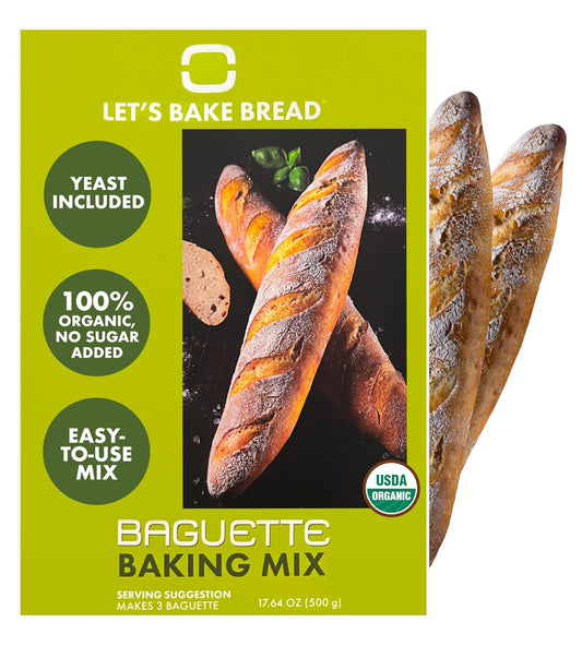 Let’s Bake Bread Organic Baguette Baking Mix - Crusty Artisan French Bread at Home - USDA Organic, Non-GMO, No Additives, Easy Home Baking, Parisian Bakery-Style Loaf - 17.64 oz (1 Pack)