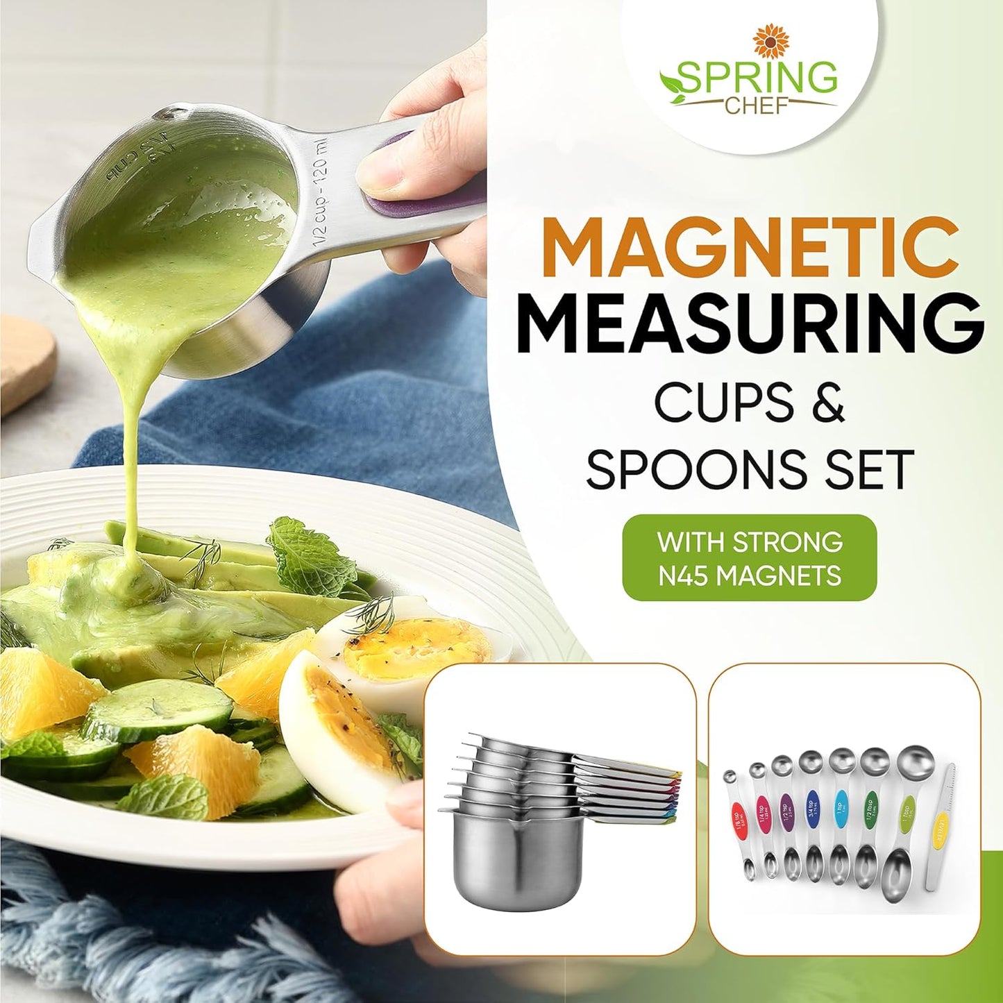 Spring Chef Magnetic Measuring Cups & Spoons Set (Patent Pending), Strong N45 Magnets, Heavy Duty Stainless Steel Fits in Spice Jars for Baking & Cooking, BPA Free, Set of 15 with Leveler, Multicolor