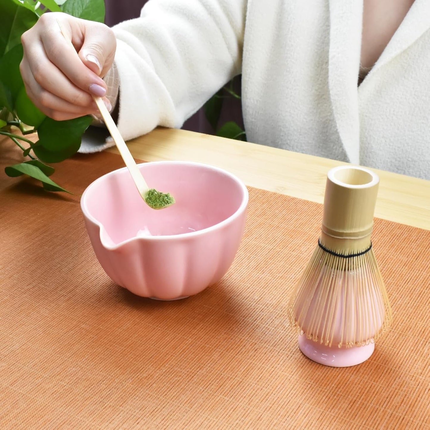 Artcome 4 Pcs Japanese Matcha Tea Set - Matcha Bowl with Pouring Spout, Matcha Whisk, Tea Scoop, Whisk Holder, Handmade Matcha Ceremony Kit For Japanese Tea Ceremony, Rose