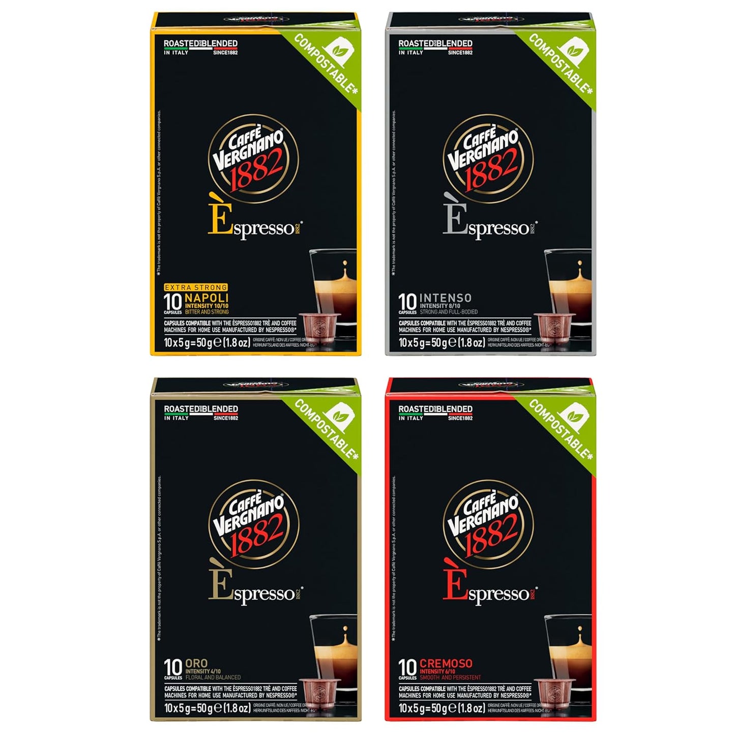 Caffe Vergnano Original Line Machine Compatible Medium Roast Espresso Capsules Variety Pack - Arabica Robusta Coffee For Nespresso Coffee Machines - Napoli, Oro, Intenso, Cremoso, 10 Capsules (4 Pk)