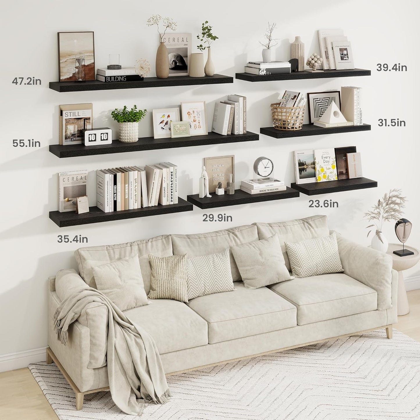 Fun Memories 48 Inch Deep Floating Shelves for Wall, 2 Pack of Long Wall Mounted Wood Shelves with Invisible Brackets for Bathroom, Bedroom, Living Room, Kitchen Decor and Storage, Black