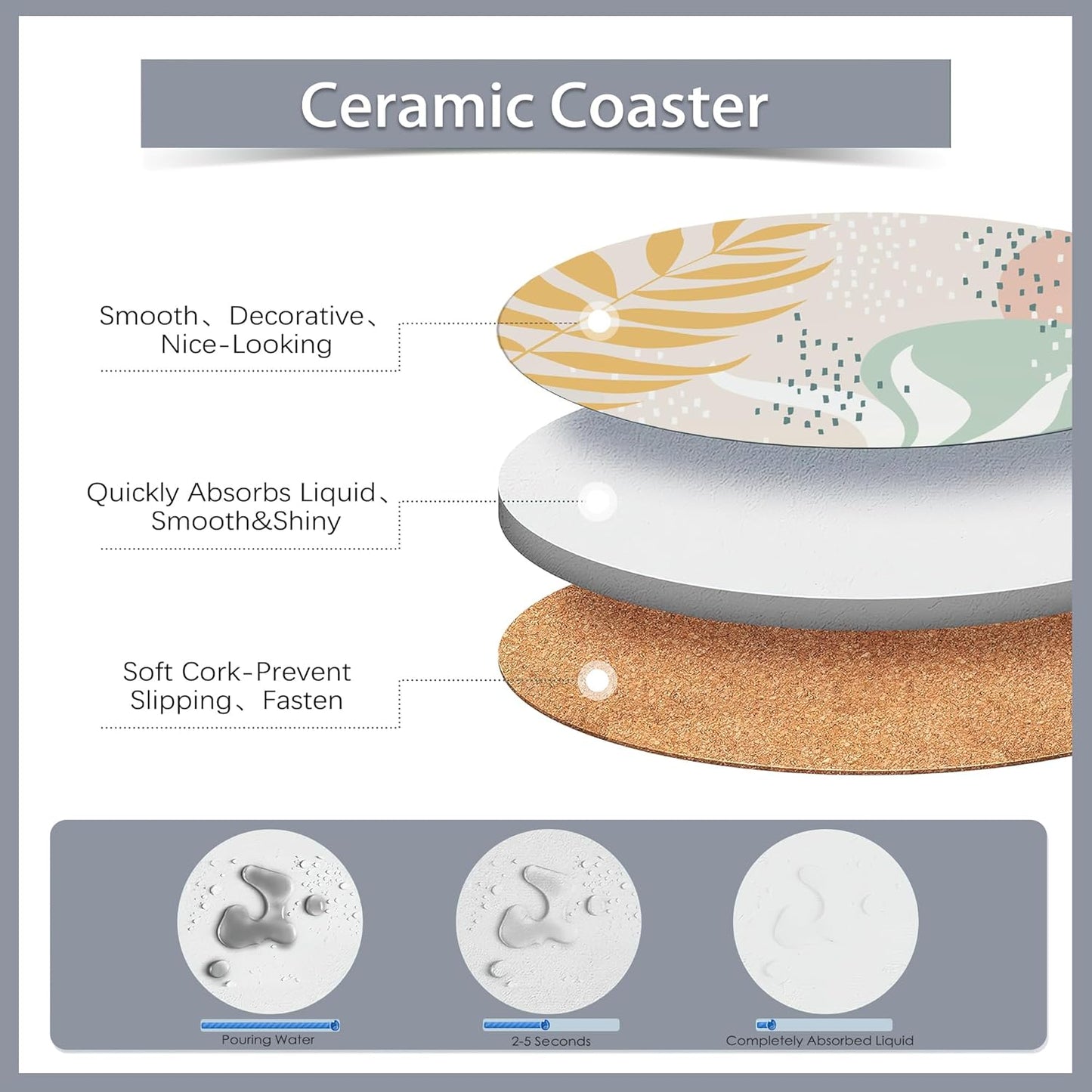 Drink Coasters Set of 6 with Holder,Abstract Dots and Leaves Absorbent Ceramic Coasters with Cork Base,Fit All Cups,Tabletop Protection Mat for Mugs and Cups,Office,Kitchen