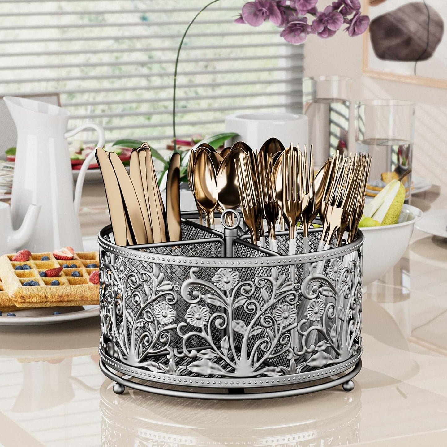 360° Rotating Utensil Caddy - Silverware Cutlery Caddy Holder with 4 Compartment, Metal Flatware Organizer Countertop with Handle for Party Camping Picnic, Kitchen Counter, Office (Silver)