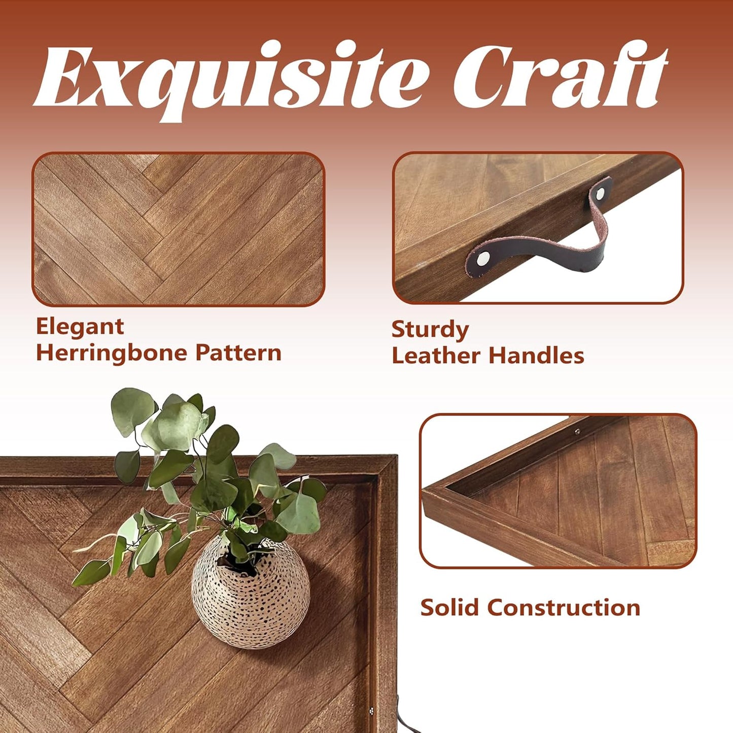 Tray for Ottoman 24 x 24 Inches, Square Ottoman Trays, Large Wooden Tray with Leather Handles, Food Serving Trays for Dinner, Breakfast, Snacks