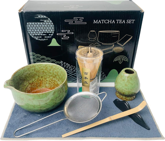 Matcha Whisk Set (7pcs) - Matcha Set with Whisk,Pouring Spout Bowl,Chasen Holder,Powder Sifter,Bamboo Scoop with Stand,Tea Cloth,Perfect Tools Kit for Tea Ceremony (Matcha Green)