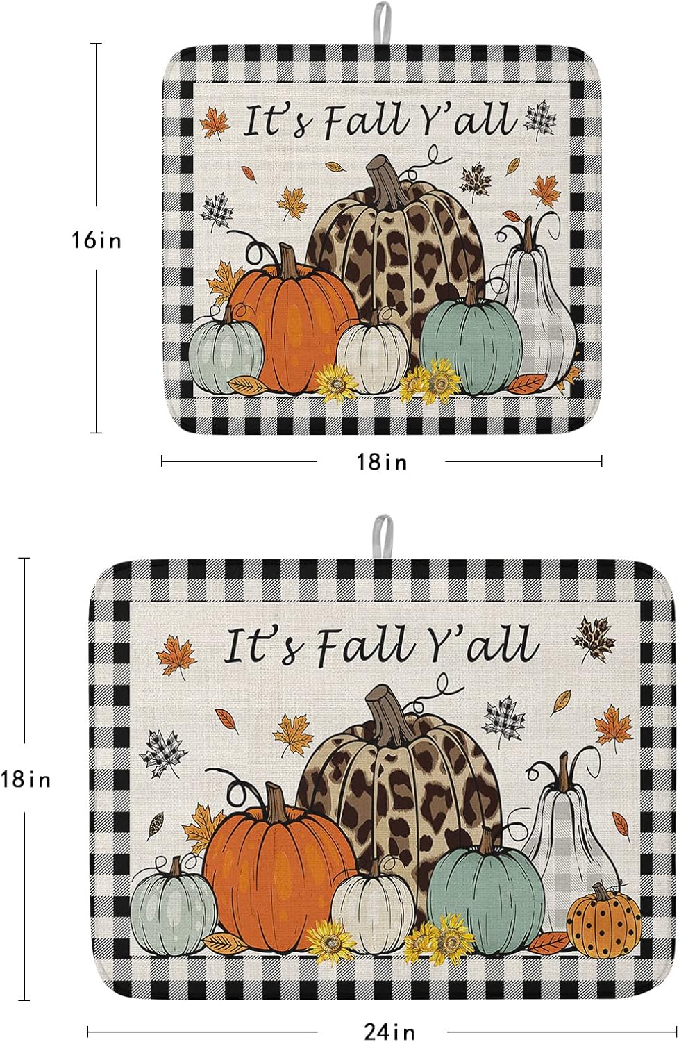 Fall Dish Drying Mat for Kitchen Counter Pumpkin Drying Pad Absorbent Drying Mats for Countertops Sinks Draining Racks Maple Leaves Black Buffalo Plaid Drainer Holiday Harvest Thanksgiving Decor 18x24