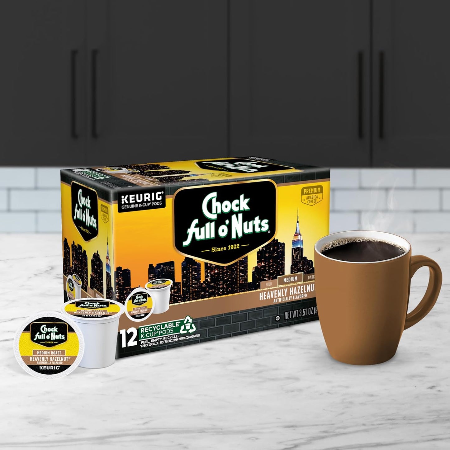 Chock Full o'Nuts Heavenly Hazelnut Coffee, Compatible with Keurig K-Cup Pods, 12 CT (Pack of 6)