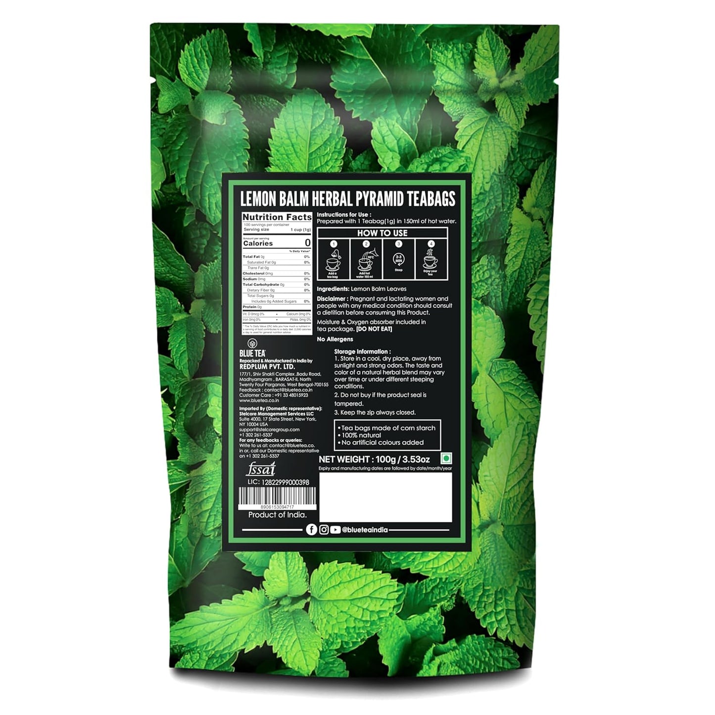 BLUE TEA - Lemon Balm Tea - 100 Count - Plant Based Tea Bag | RELIEVES STRESS - IMPROVES DIGESTION | Reduces Bloating | Refreshing Citrus Flavour - Leaf Based - Caffeine Free | Ziplock Pouch