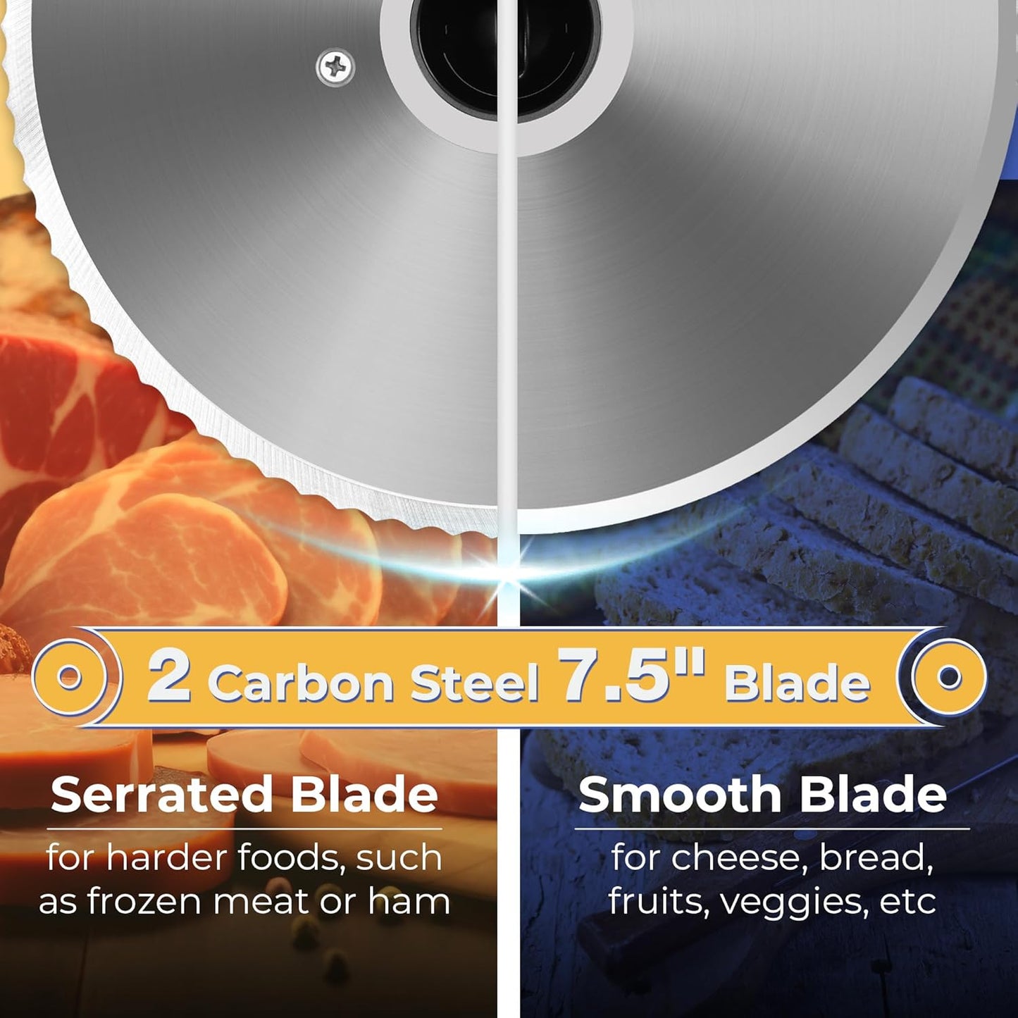 Meat Slicer 200W for Home Use, 2 Removable 7.5" Stainless Steel Blades, Electric Food Slicer with 0-18mm Adjustable Thickness, Child Lock, 1 Tray, and 1 Towel