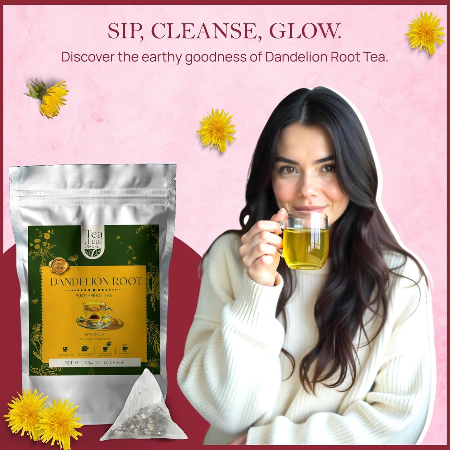 Tealeaf & Co. Dandelion Root Tea with Dried Dandelion Root Extract - Pure Herbal Tea Bags Blended with Fresh Herbs - Flavored Herbal Blend - Low Caffeine - Gluten Free - 50 Teabags