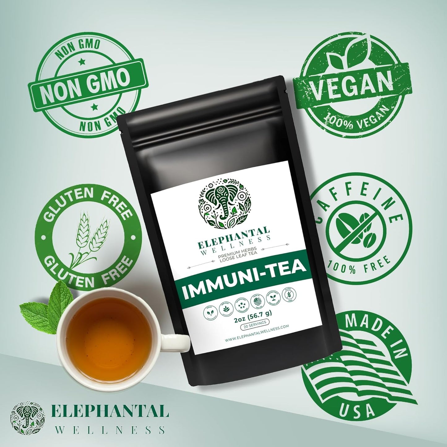 Elephantal Wellness Premium Immuni-Tea | Immune System & Respiratory Support with Reishi, Clove, Echinacea & Elderberry | Handmade, Caffeine-Free, Non-GMO Loose Leaf Blend, 2oz, 20 Servings