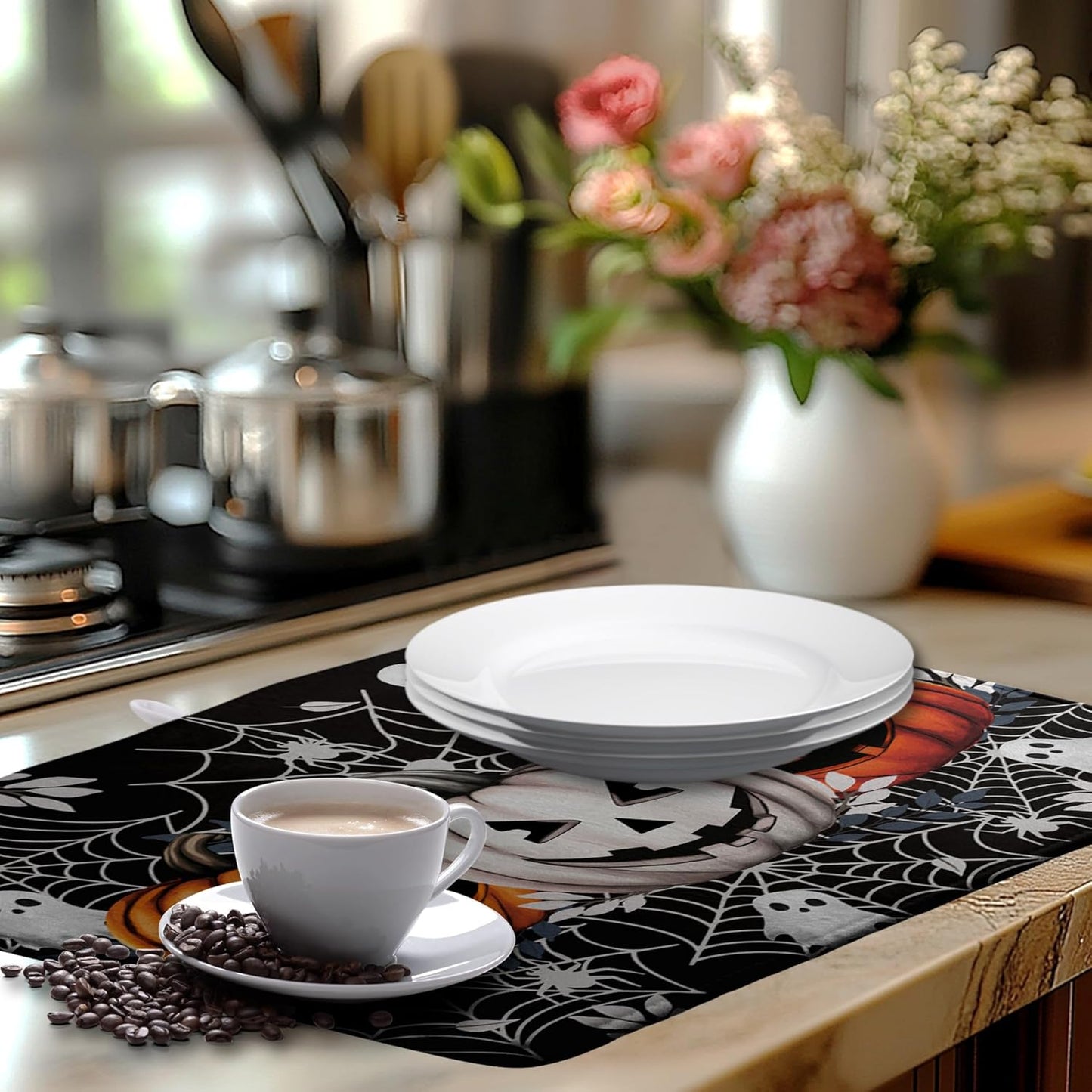Halloween Pumpkin Dish Drying Mats Spooky Ghost Dish Mat Kitchen Spiders Large Drying Matt Dishes Dryer Pad for Kitchen Counter Absorbent Microfiber Washable Foldable Reusable 18x24 in