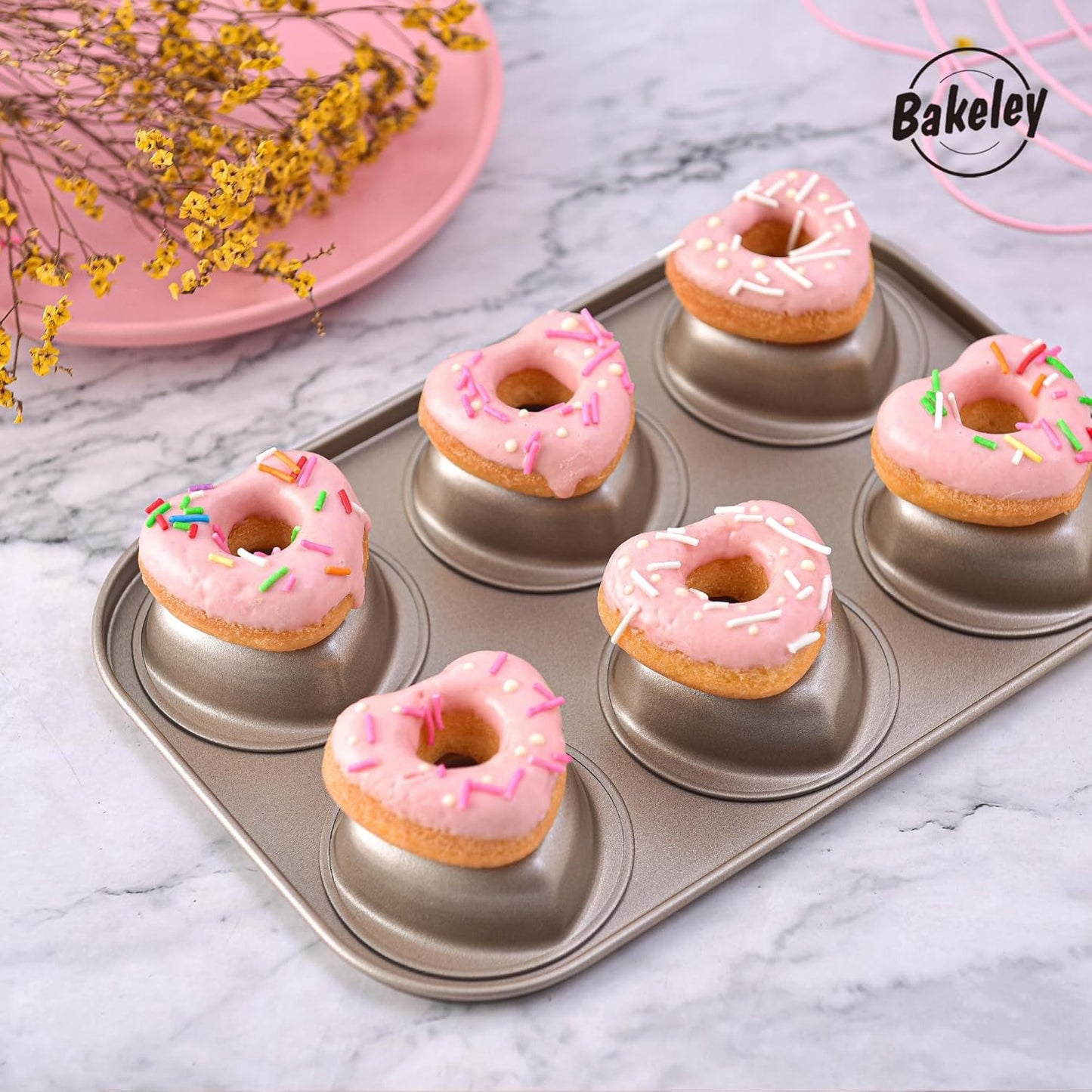 Heart Donut Pan, 6 Cavity Donut Mold Heavy Duty Steel Non-stick Heart Shaped Bund Pans Pattern Doughnut Bakeware for Oven Baking (Champagne Gold)