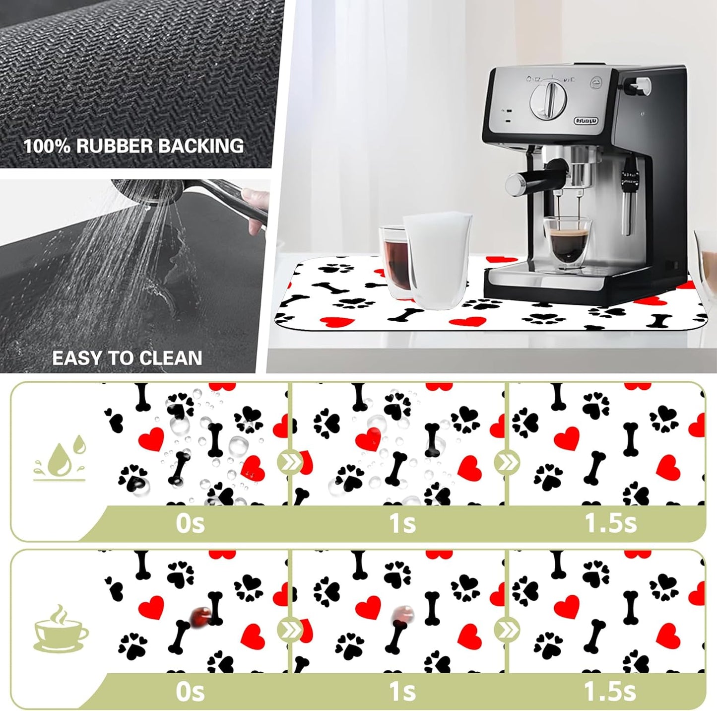 Dish Drying Mat Cute Dog Bone Paw Print Red Heart Kitchen Mat 16"x24" Bsorbent Coffee Maker Mat for Dishes,Utensils Coffee Maker Pots and Pans Easy Clean Dish Slip Resistant Pad