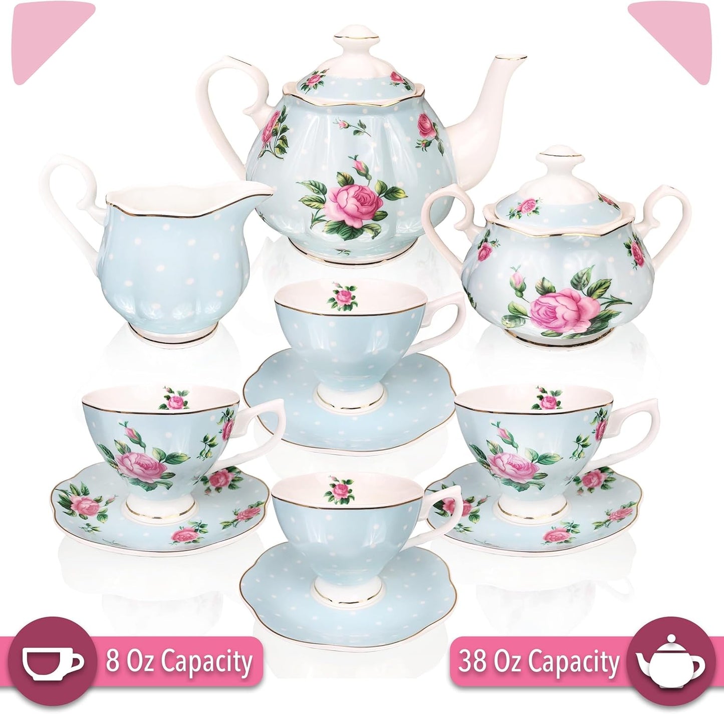 BTaT- Floral Tea Sets for Adults, 13 pcs, Service for 4, Pot (38 oz) & Cups (8 oz) with Saucers, Pastel Blue Floral Design, Porcelain Tea Set for Adult, Dishwasher Safe