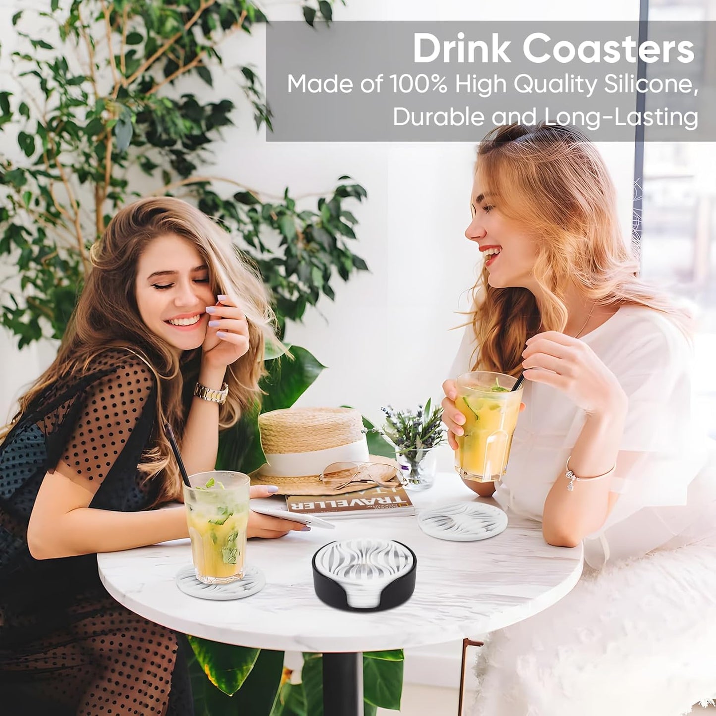 6 Pack Rubber Drink Coasters,Coasters for Drink with Holder,Silicone Cup Mat Non-Stick,Non-Slip,Thickened Live for Hot or Cold Drink(Black White)