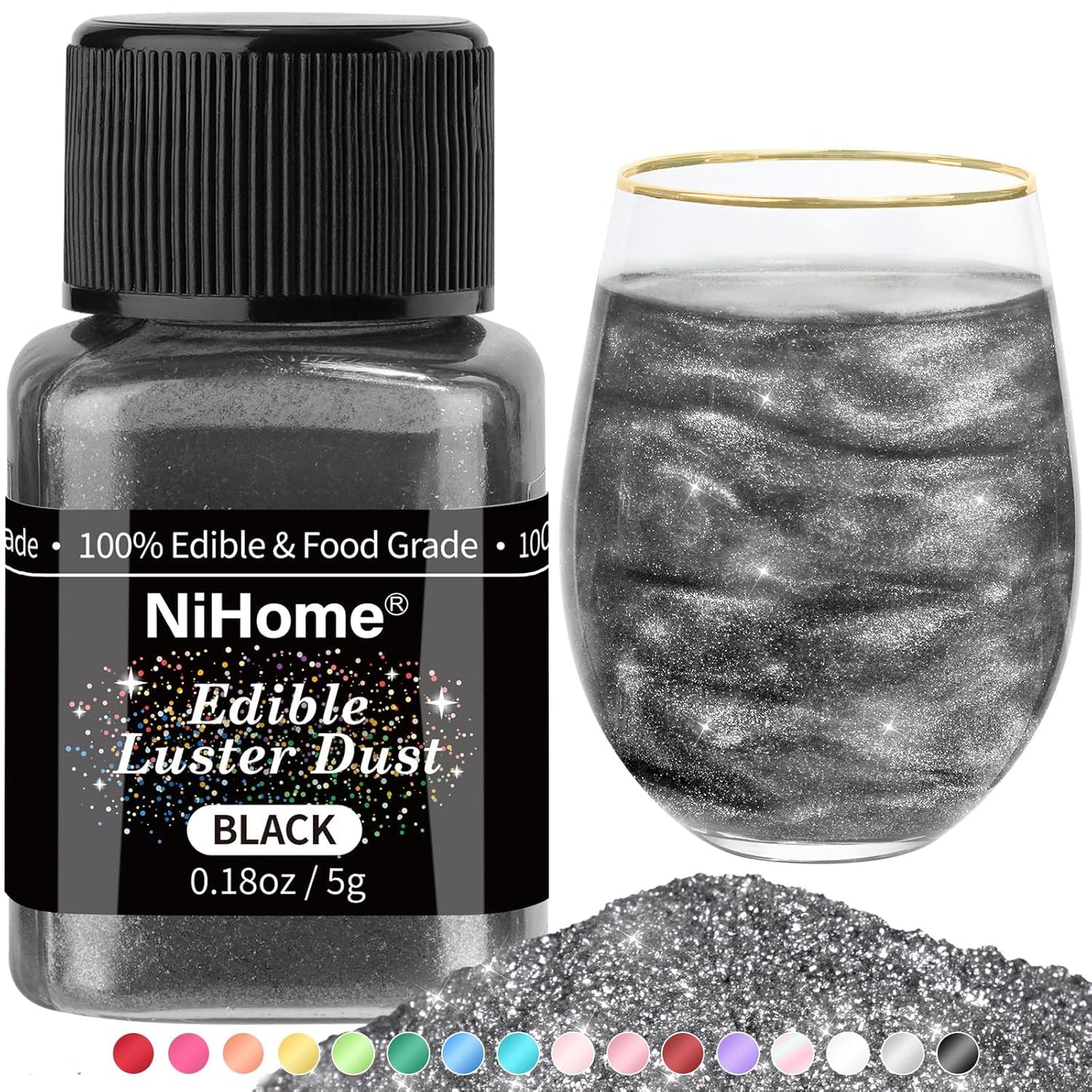 NiHome Edible Food-Grade Glimmer Powder Glitter Luster Dust Metallic Food Decorating Sprinkle Glimmery Dust for Drink Wine Beverage Cake Candy Dessert Bakery Restaurant Vegan (0.18oz/5g, Black)
