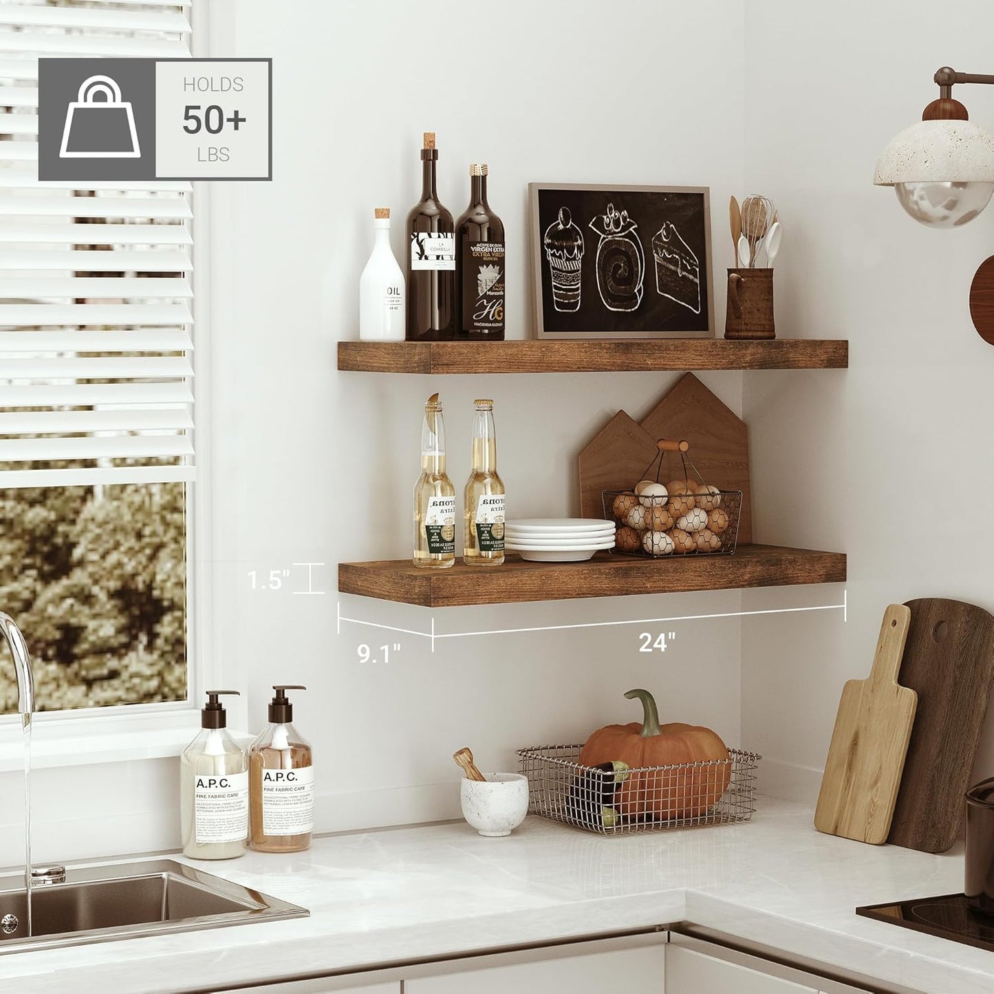 Vivelove Bathroom Floating Shelves for Wall 24 inchs Long, 9.1” Deep x 1.6” Thick Wall Shelves for Bedroom, Living Room, Kitchen, Office, Rustic Farmhouse Shelf Decor with Invisible Bracket, Set of 2