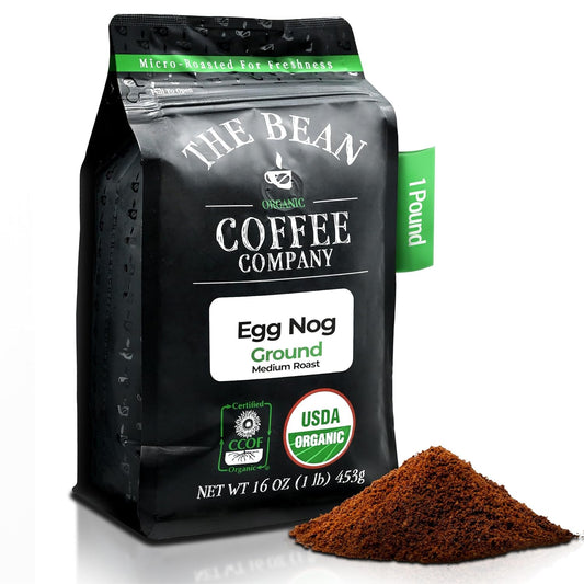 The Bean Organic Coffee Company Egg Nog, Medium Roast, Ground Coffee, 16-Ounce Bag, Café molido tostado orgánico