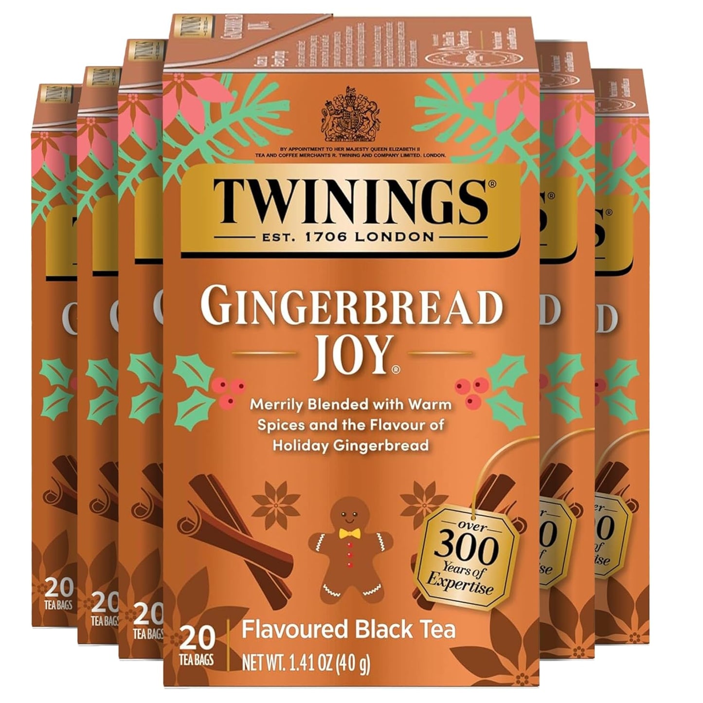 Twinings Gingerbread Joy Black Tea Individually Wrapped Bags, 20 Count (Pack of 6), Ginger & Cinnamon, Caffeinated, Enjoy Hot or Iced, 120 Teabags