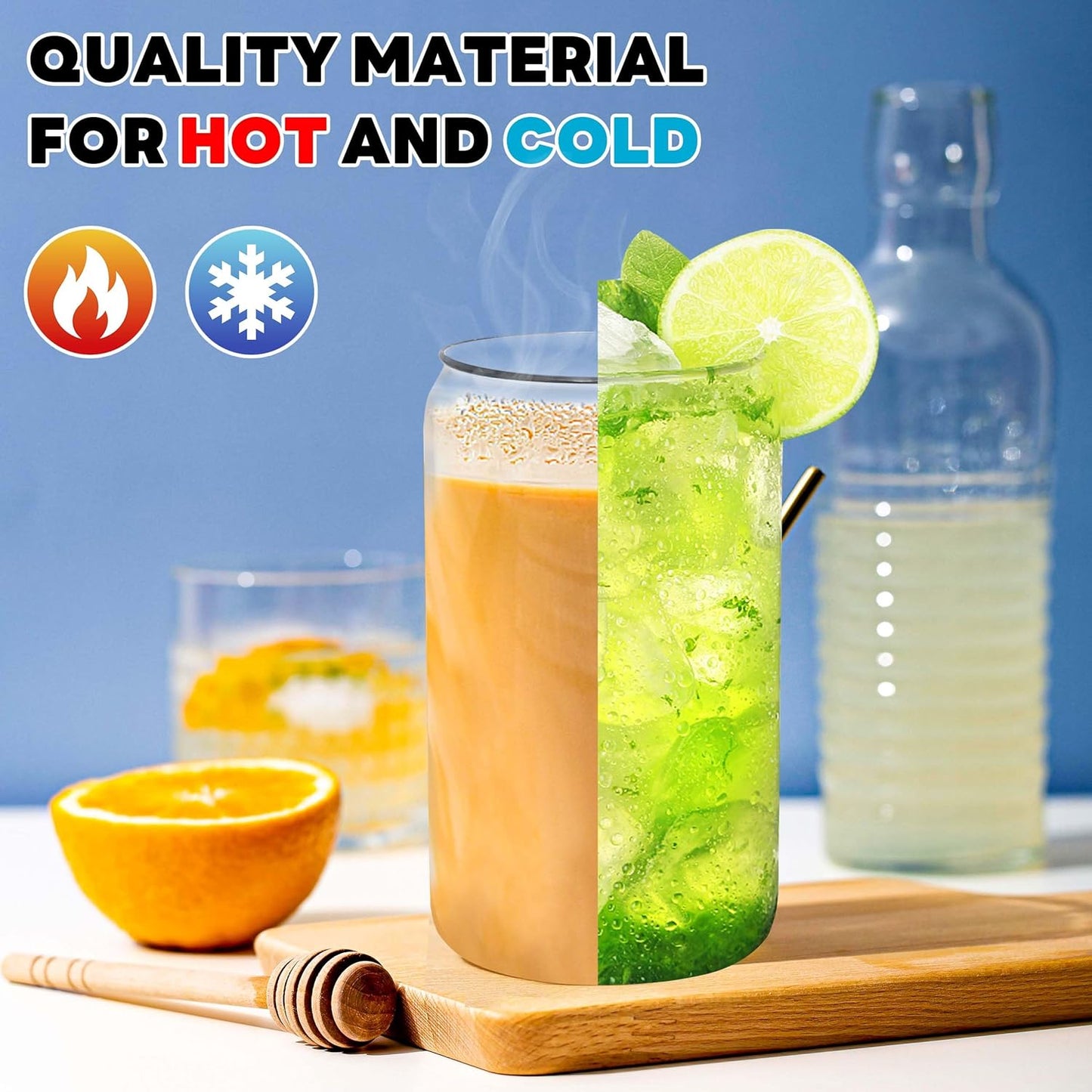 Joyclub Glass Cups with Bamboo Lids and Straws 20 Set 16 oz Reusable Iced Coffee Cup Beer Can Drinking Jars for Smoothie Whiskey Boba Soda Tea Gift