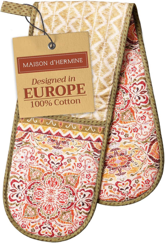 Maison d' Hermine Double Oven Mitts 100% Cotton 7"x35" Double Oven Mitt Heat Resistant BBQ Cooking Gloves with Loop, Baking, Grilling, Home, Kitchen, Handling Hot Pans (Damask)