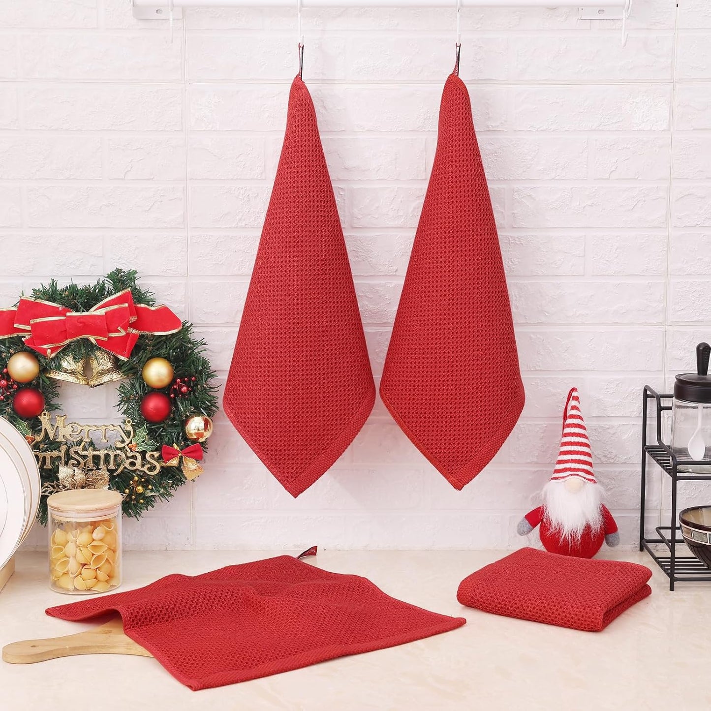 Kitinjoy 100% Cotton Kitchen Dish Cloths, 8 Pack Waffle Weave Ultra Soft Absorbent Dish Towels for Drying Dishes Quick Drying Kitchen Towels Dish Rags, 12 X 12 Inches, Brick Red