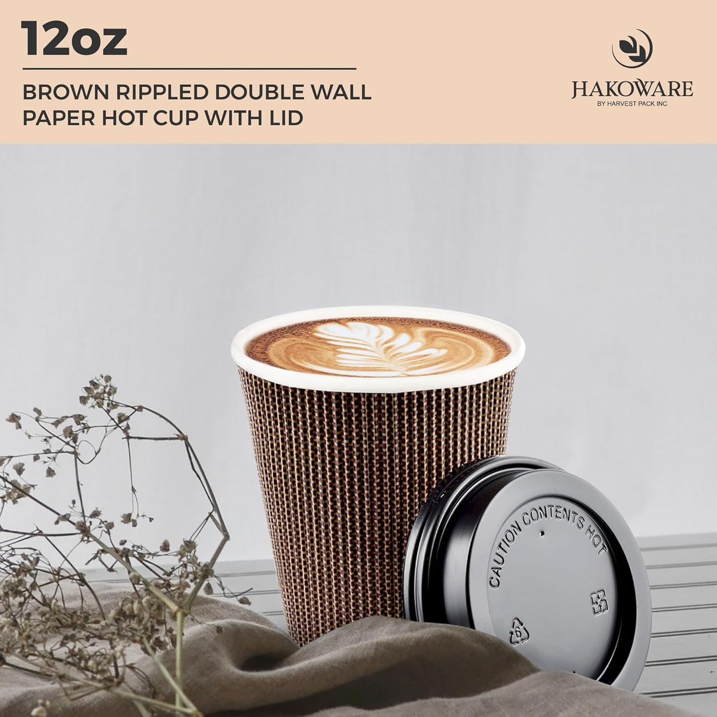 [400 SET]Harvest Pack 12 oz Disposable Coffee Cups, Insulated Ripple Double-Walled Paper Cup with Lid, Brown Geometric, Tea Hot Chocolate Drinks To go coffee cups