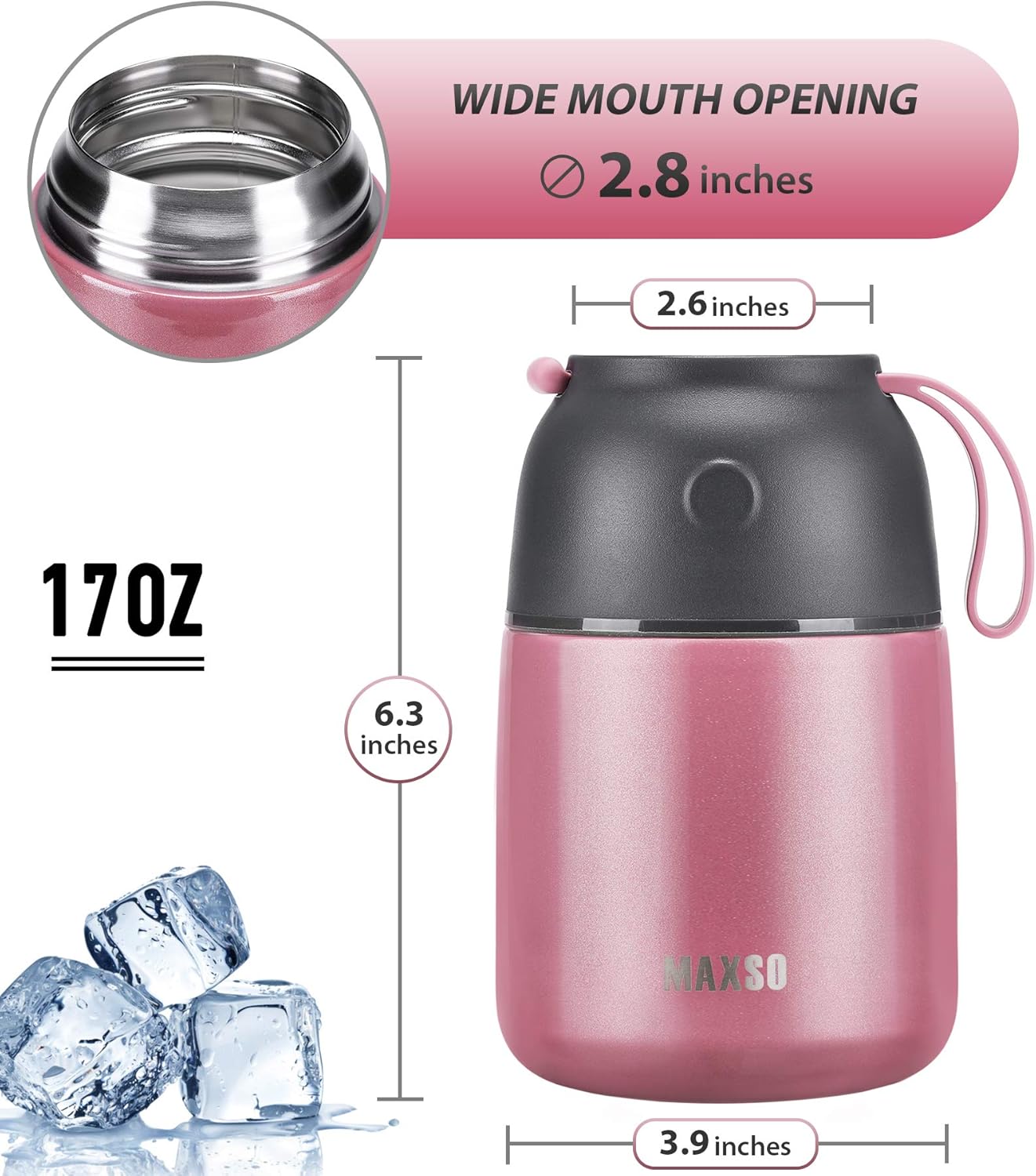 Insulated Food Jar for Hot & Cold Food for Kids Adult,17 oz Soup Thermo Hot Food Containers for Lunch, Triple Layer Insulation Stainless Steel Food Jar with Spoon (Pink)