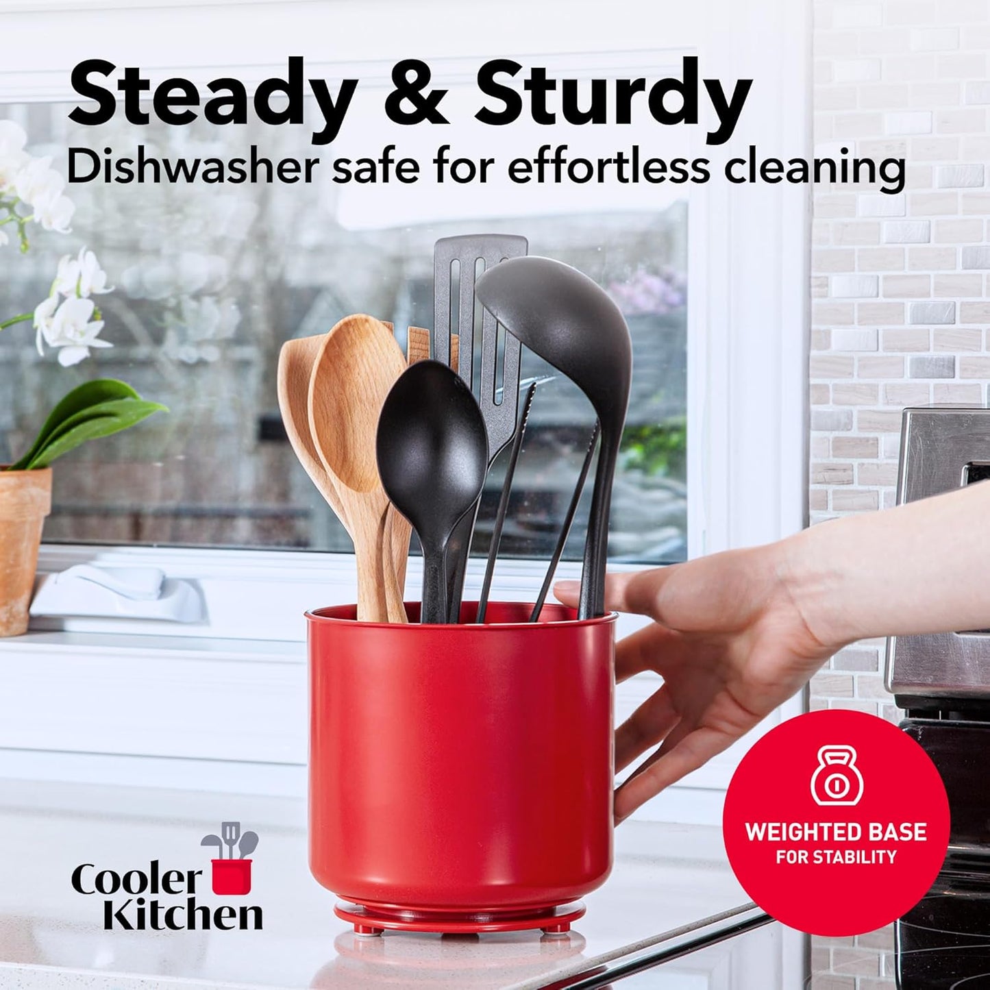 Extra Large Rotating Red Utensil Holder with Sturdy No-Tip Weighted Base, Removable Divider, and Gripped Insert | Rust Proof and Dishwasher Safe Kitchen Utensils Holder by Cooler Kitchen 7*7 Inches