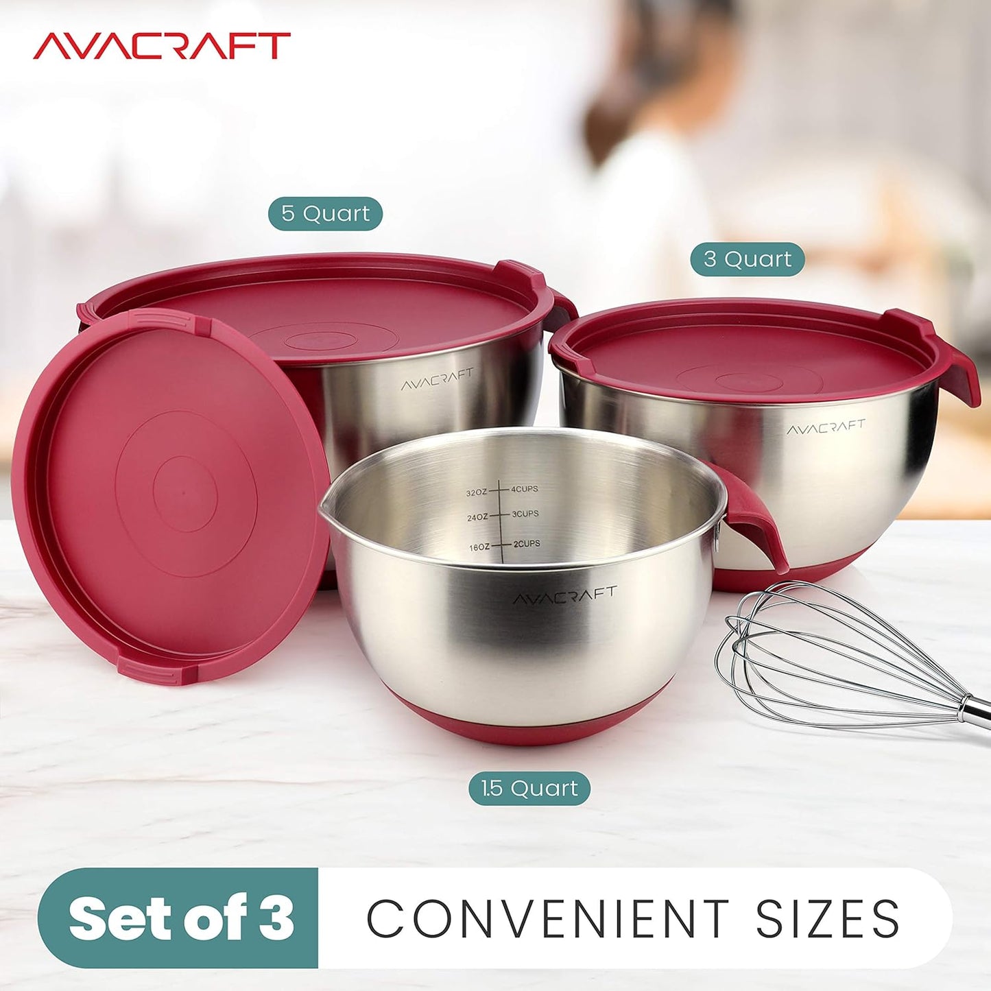 AVACRAFT 18/10 Stainless Steel Mixing Bowls with Lids, non slip silicone base bowls with Handle, Mixing Bowl Set with Pour Spouts & Measurement Marks, Home Essentials Cooking Bowls, (Red)