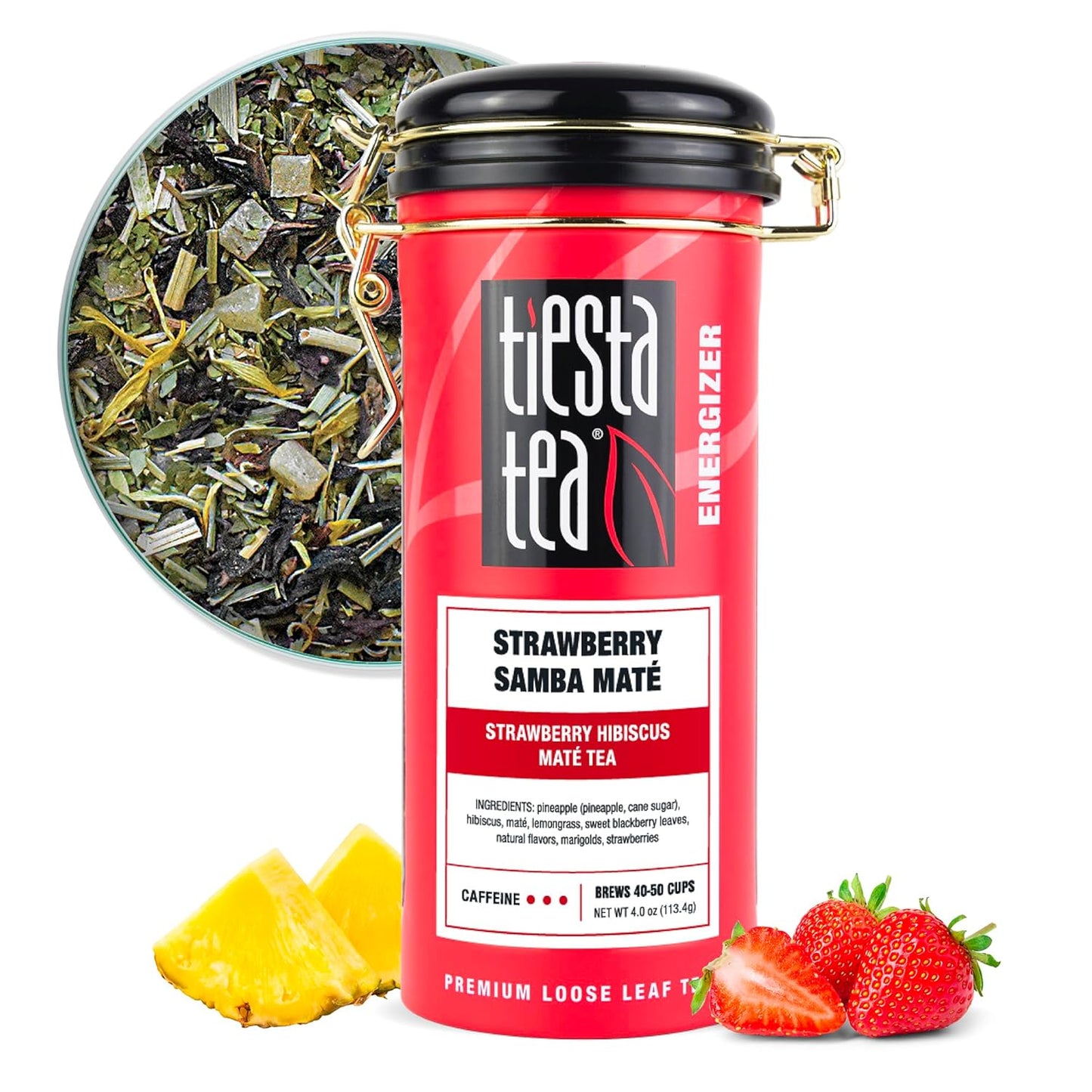 Tiesta Tea - Strawberry Samba Mate, Loose Leaf, Strawberry Hibiscus Mate Tea, High Caffeinated Fruit Blend, Make Hot or Iced Up to 50 Cups, 4 oz Refillable Tin