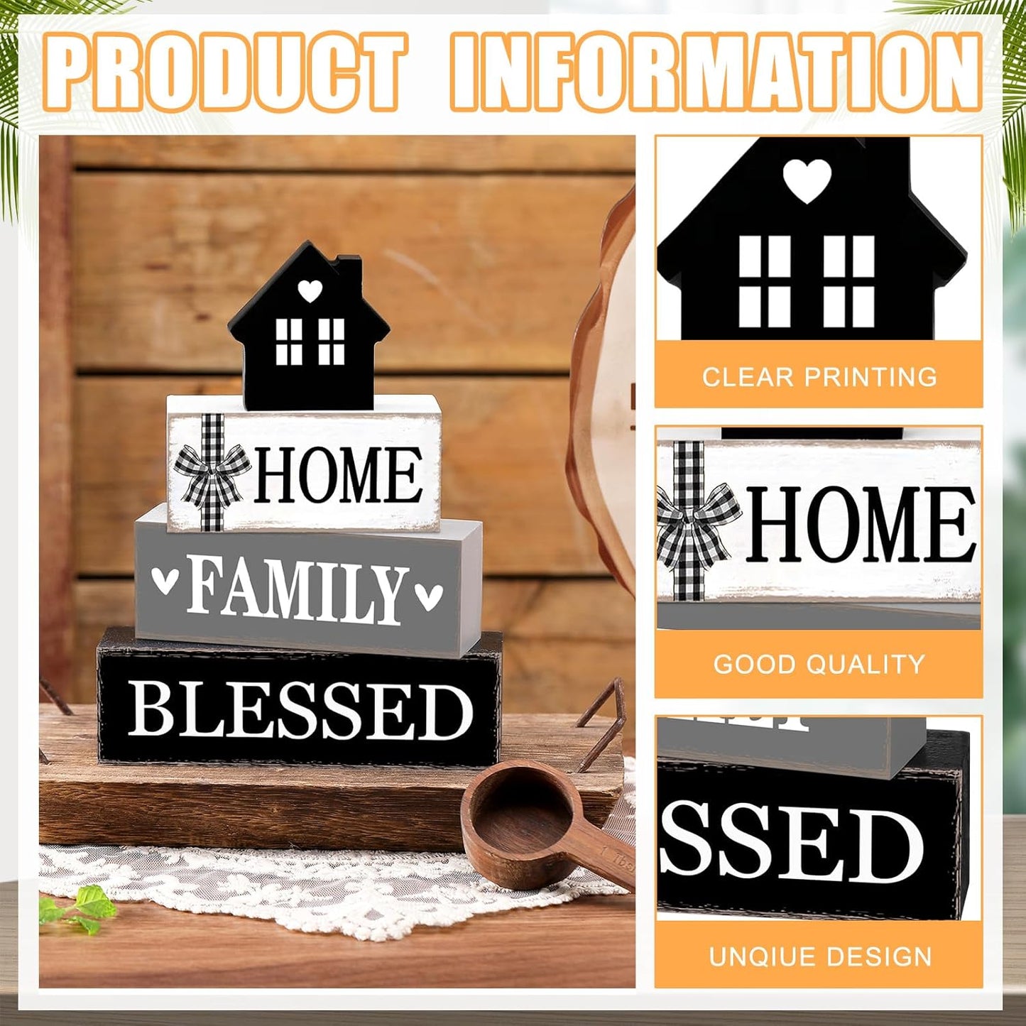 Rustic Farmhouse Table Decor Blessed Signs for Home Decor Neutral Home Family Wood Sign Black and White Modern Tabletop Centerpiece for Kitchen Shelf Desk Tiered Tray Decoration