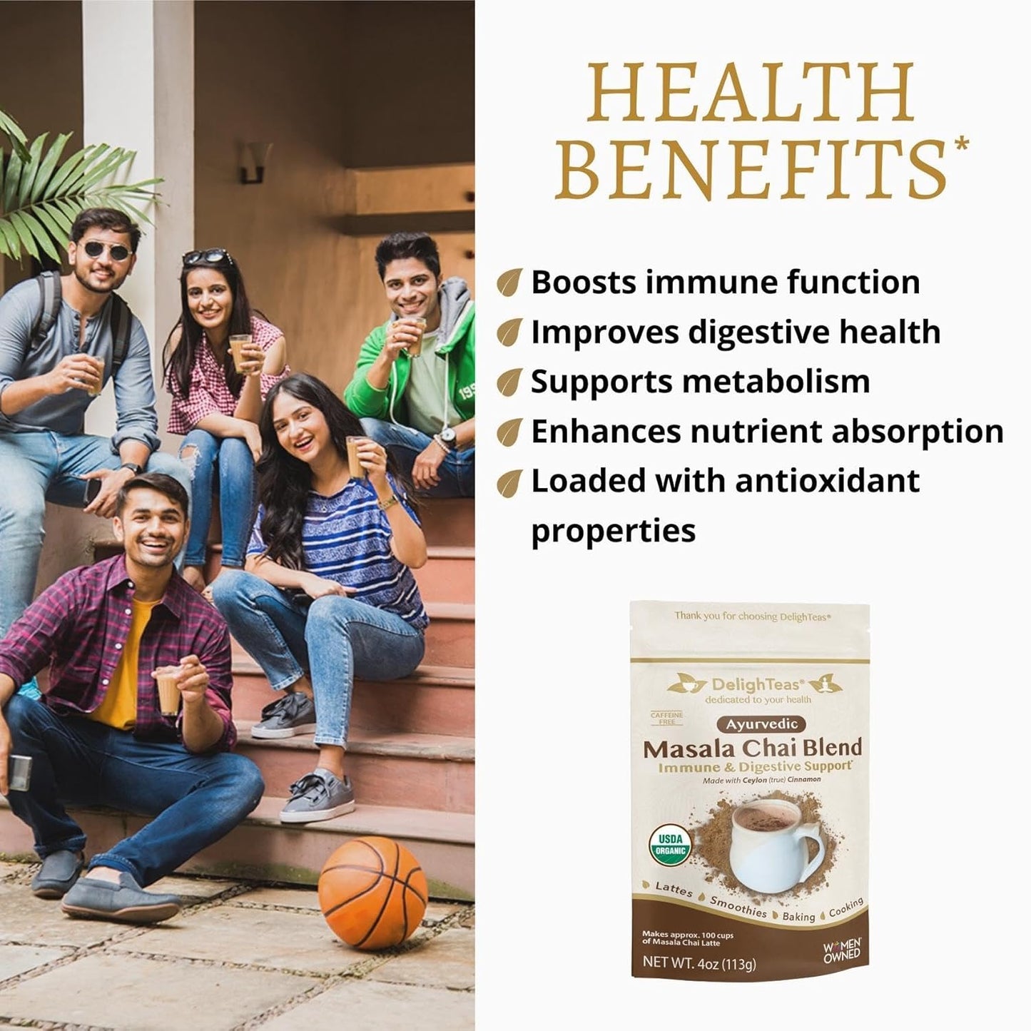 DelighTeas Organic Masala Chai Powder | Caffeine free, Unsweetened, Vegan, Keto | Ayurvedic Digestive Support blend for Chai Spice Tea | 100 Servings, 4oz
