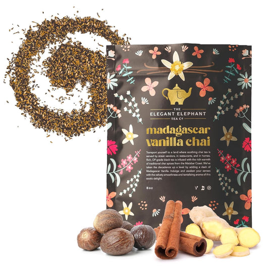 Madagascar Vanilla Chai Tea, Organic Loose Leaf Chai Tea – Black Tea with Chai Spice Blend – Great Hot or Iced Chai Latte – 8 oz Resealable Bag (Makes 100 Cups) – The Elegant Elephant