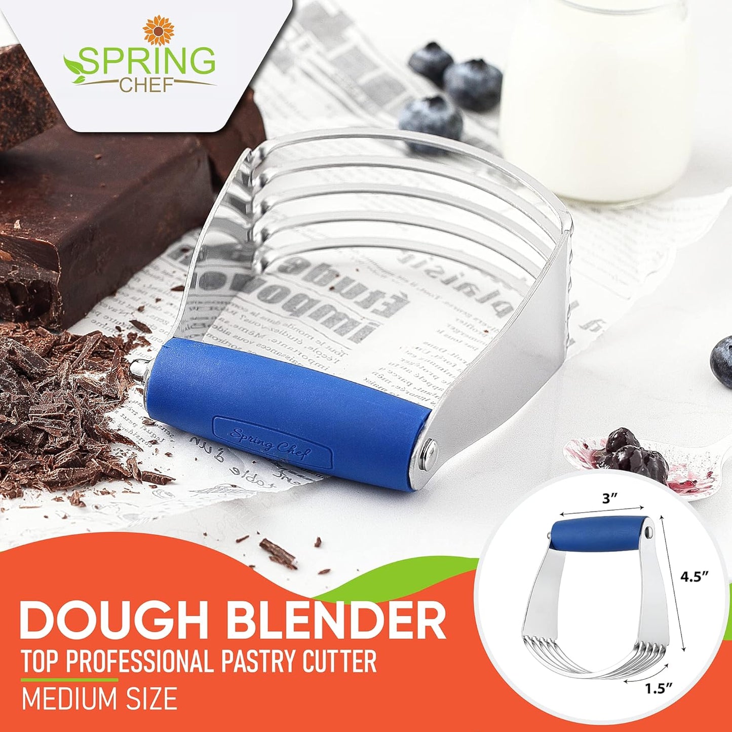 Spring Chef Medium Size Dough Blender For Baking, Dough Cutter Tool, Stainless Steel Puff Pastry Cutter Tool with Soft Grip Handle, Dishwasher Safe Pastry Blender for Easy Mixing - Sapphire