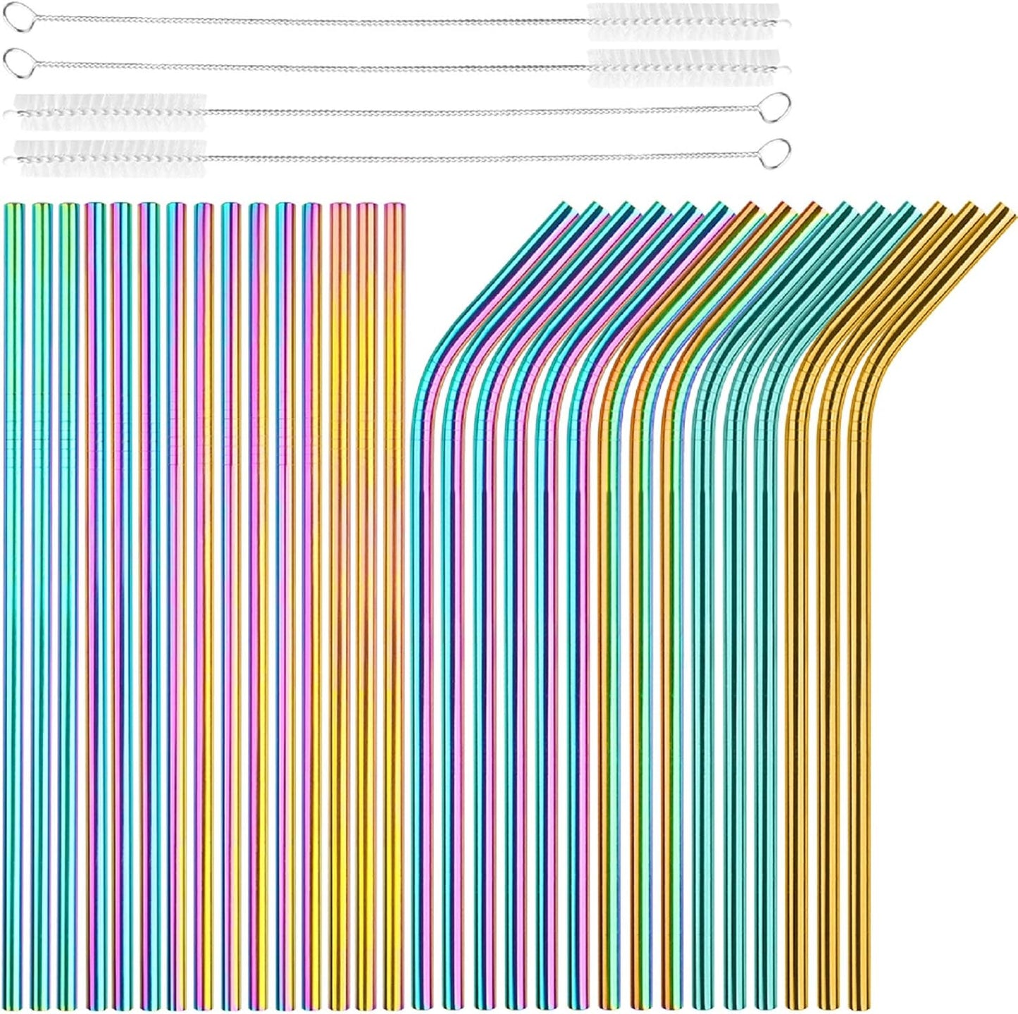 [30 PCS] Value Pack Metallic Reusable Stainless Steel Straws Combinations, Tomorotec Home Metal Straw Sets with Cleaning Brushes, 15 Straight 15 Bent For Tumblers Beverage Drinks Cocktail (Colorful)