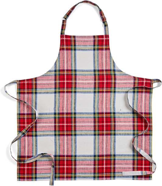Solino Home Linen Bib Apron for Men & Women - White Plaid Kitchen Apron with Front Pockets - Handcrafted from European Flax