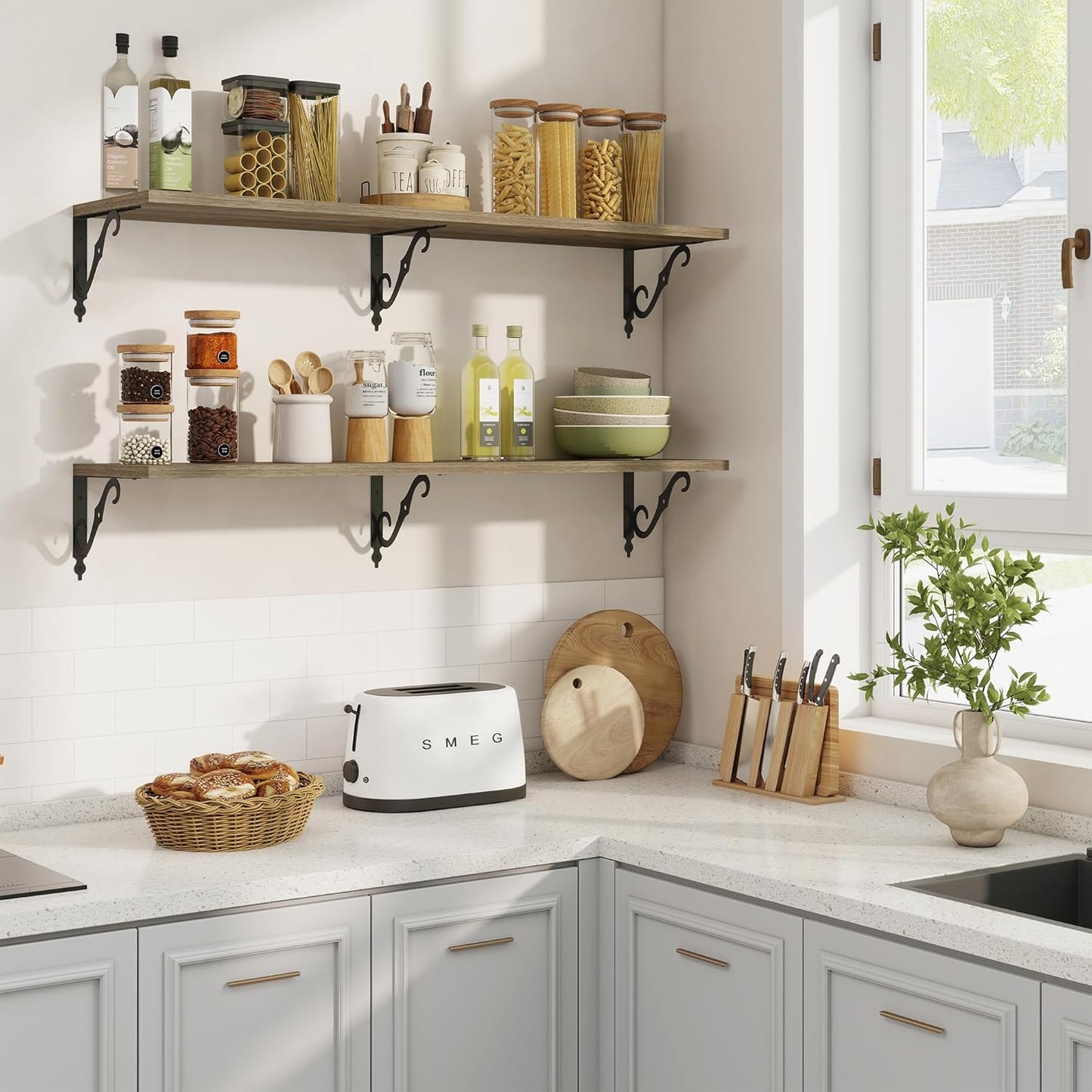 RICHFOCUS 12 Inch Deep Floating Shelves for Wall, 48" W x 12" D Wood Wall Shelves Set of 2, Wide Floating Shelves for Living Room, Bedroom, Kitchen, Bathroom and Decor Storage, Grey