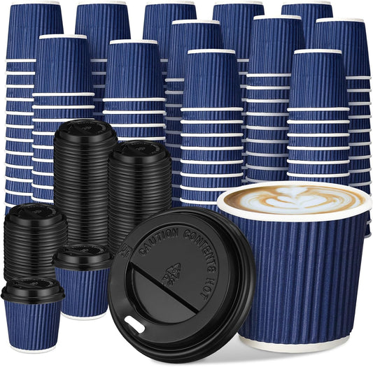 Uiifan 100 Set 4oz Disposable Espresso Cups with Lids Ripple Corrugated Paper Disposable Coffee Insulated Hot Ripple Cups for hot Chocolate, Tea, and Cocoa Drinks(Blue)