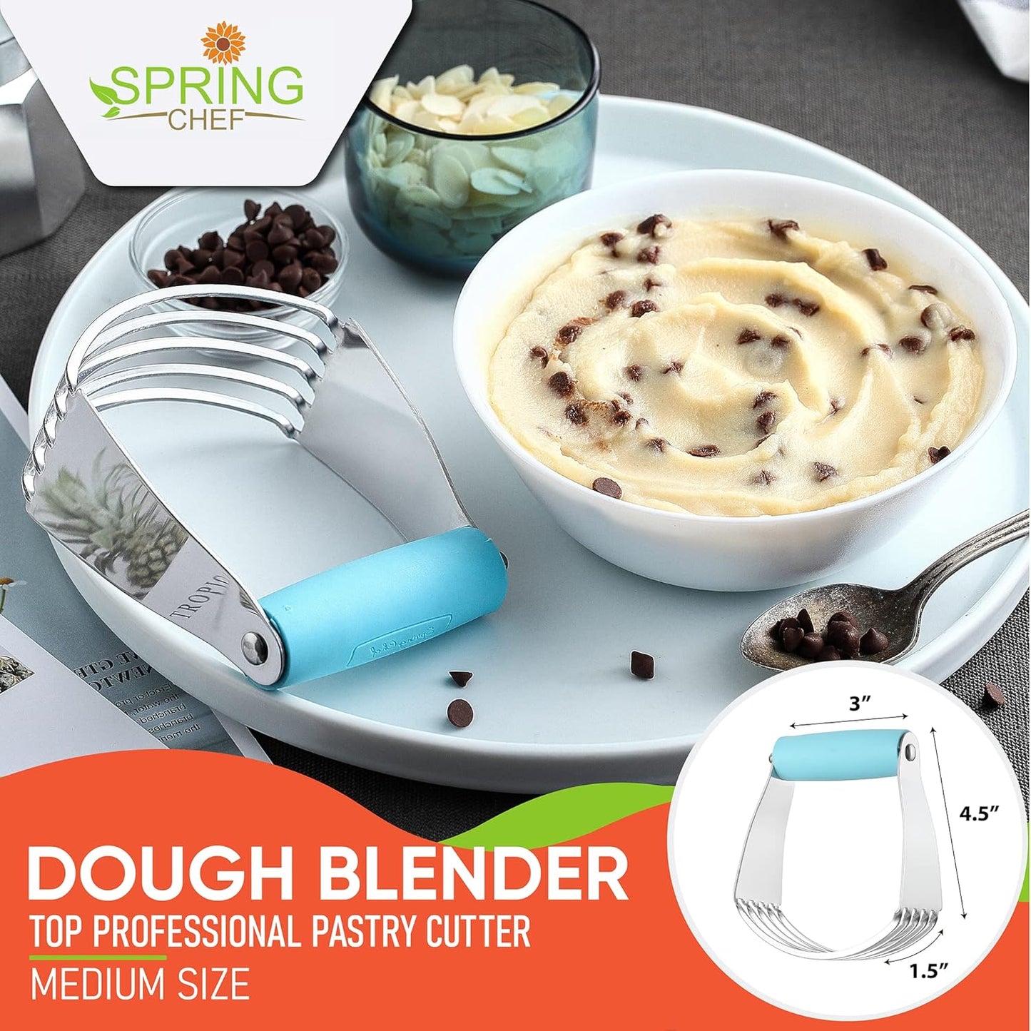 Spring Chef Dough Blender, Top Professional Pastry Cutter, Heavy Duty Baking Tool with Stainless Steel Blades, Medium Size, Aqua Sky