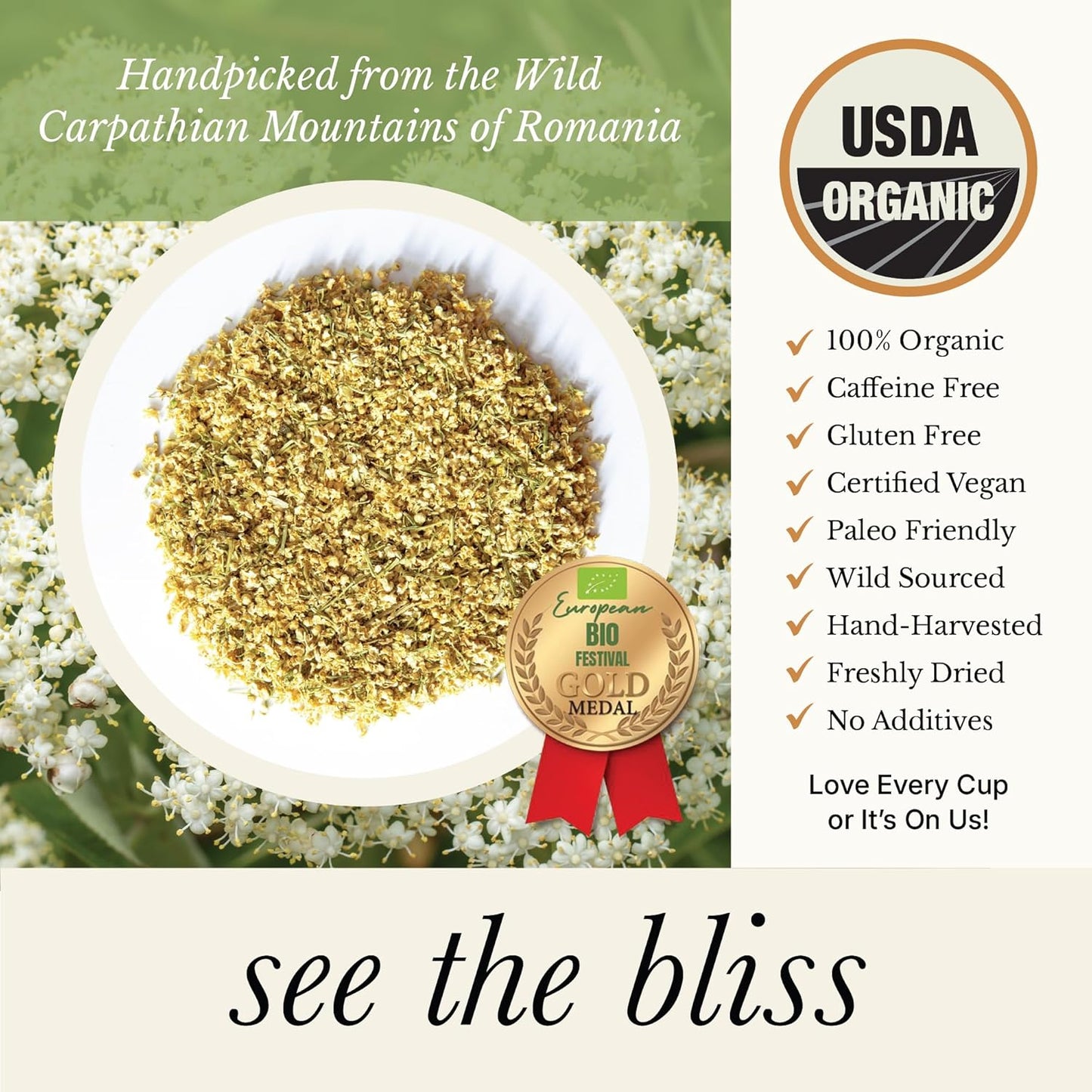 Wild Bliss Organic Elderflower Tea – Immune and Respiratory Support - Caffeine Free Loose Leaf Elder Flowers - 5.29 Ounces - 60 Servings
