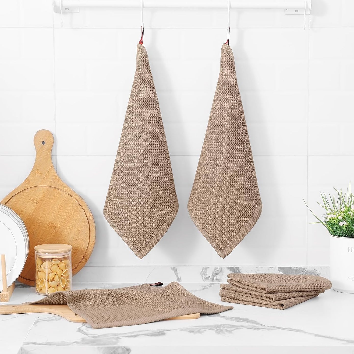 Kitinjoy 100% Cotton Kitchen Dish Cloths, 12 Pack Waffle Weave Ultra Soft Absorbent Dish Towels for Drying Dishes Quick Drying Kitchen Towels Dish Rags, 12 X 12Inch, Tan