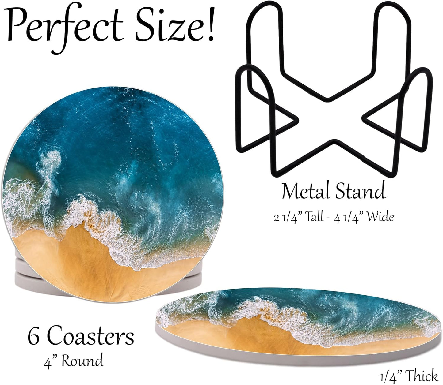 Ocean Coastal Theme Round Coasters Set of 6 - Abosrbent Ceramic Coasters with Metal Stand for Drinks, Beer, Coffee, Non-Slip Cork Back for Tabletop Protection, 4 Inches (Waves)