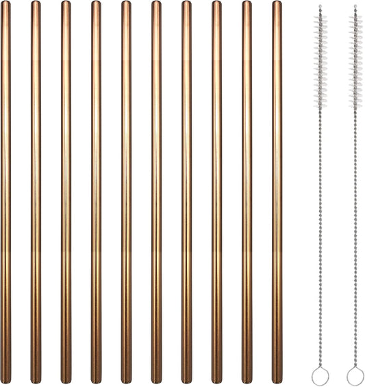 10 Pcs Stainless Steel Straws, Reusable Drinking Straws, Straight Metal Straw Sets with 2 Pcs Cleaning Brushes (10.5 Inch, Rose Gold)